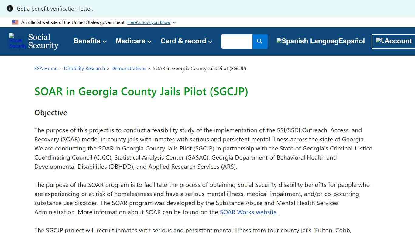 SOAR in Georgia County Jails Pilot (SGCJP) Disability Research SSA